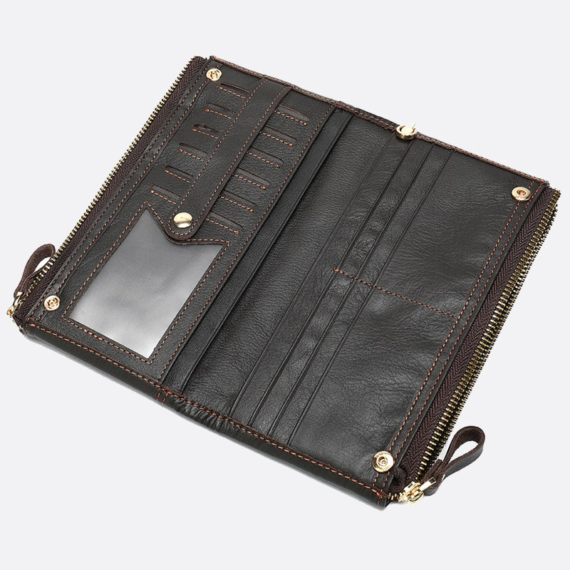 Women's and Men's unisex cowhide leather folded double zip wallet