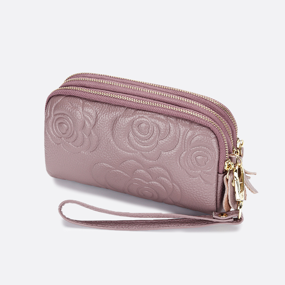 Women's cowhide leather floral pouch with triple zip