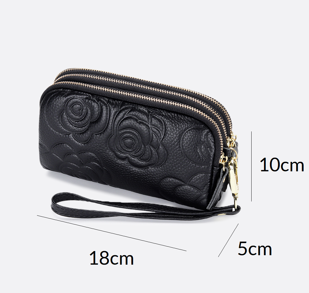 Women's cowhide leather floral pouch with triple zip