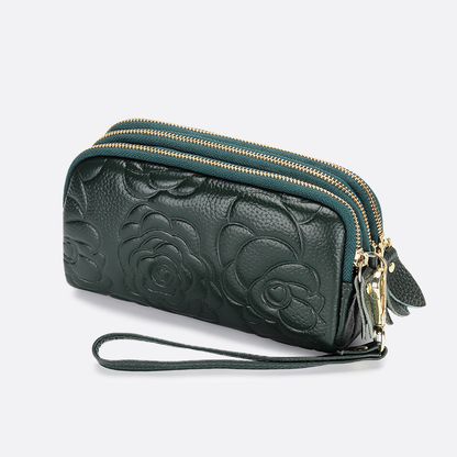 Women's cowhide leather floral pouch with triple zip