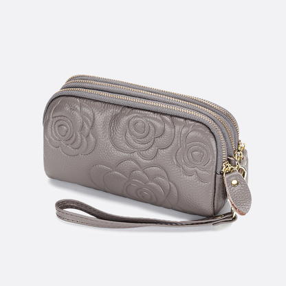 Women's cowhide leather floral pouch with triple zip