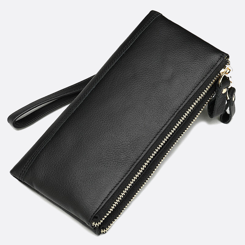 Women's and Men's unisex cowhide leather folded double zip wallet