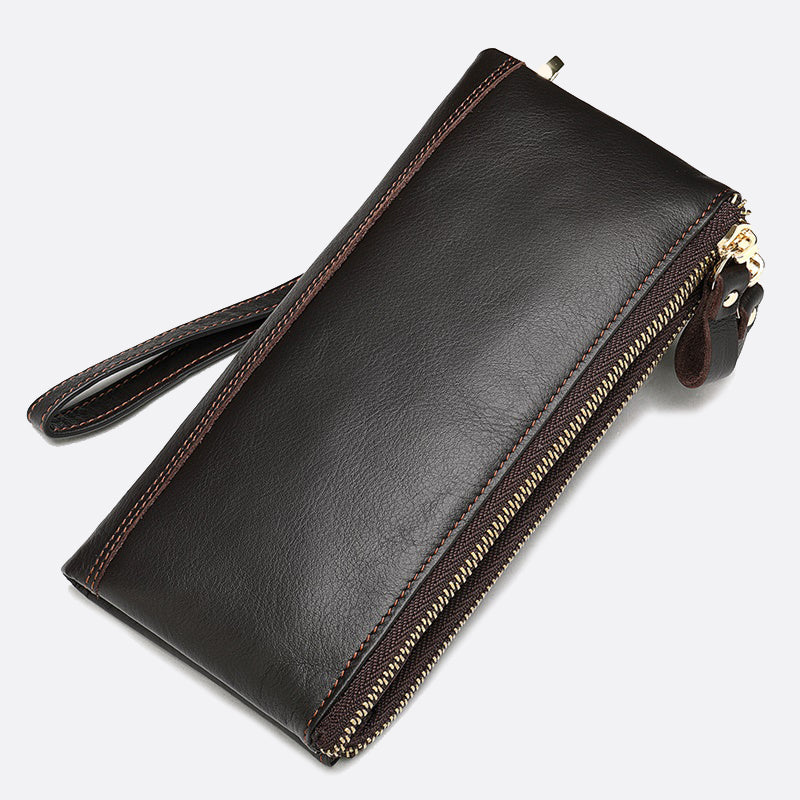 Women's and Men's unisex cowhide leather folded double zip wallet