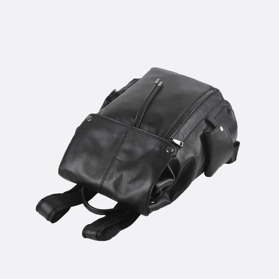 Unisex cowhide leather backpack Drawstring flap design