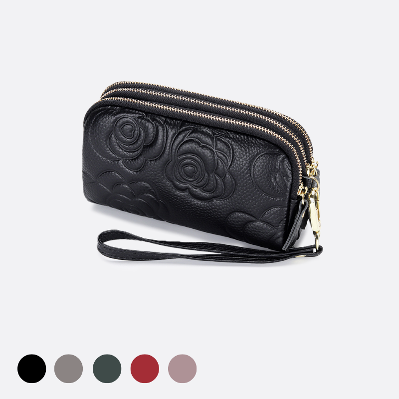 Women's cowhide leather floral pouch with triple zip