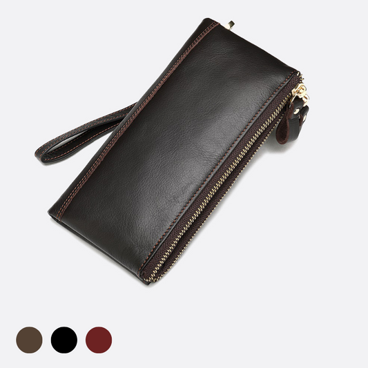 Women's and Men's unisex cowhide leather folded double zip wallet